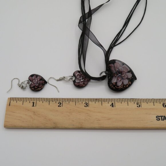Murano Style Art Glass Heart Pendant Necklace Earrings Set - Picture 11 of 12